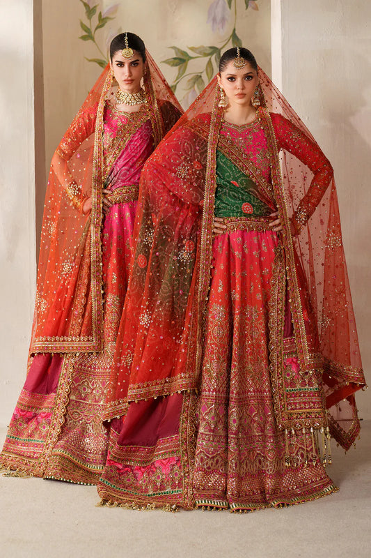 Baroque CH14-03 Orange Pink Silk Lehenga Choli with embroidered dupattas and handwork detailing | Pakistanimoda