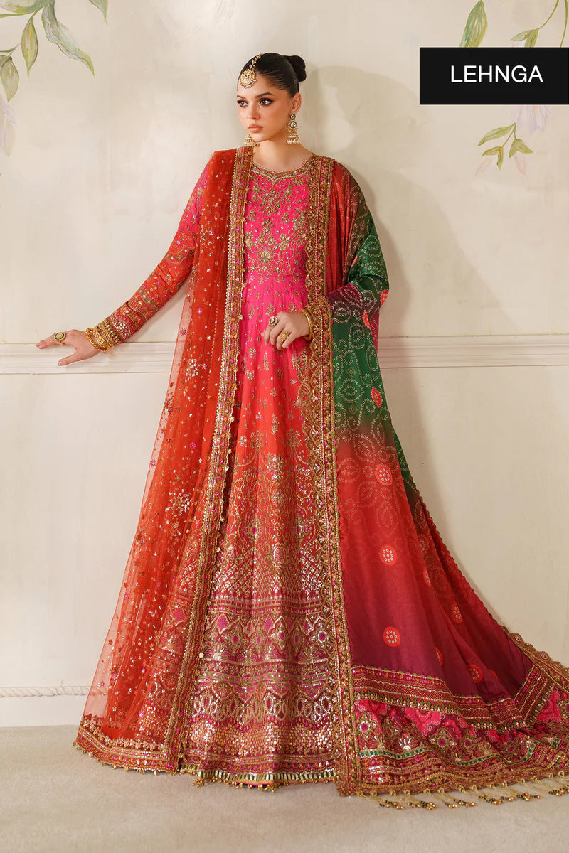 Baroque CH14-03 Orange Pink Silk Lehenga Choli with embroidered dupattas and handwork detailing | Pakistanimoda