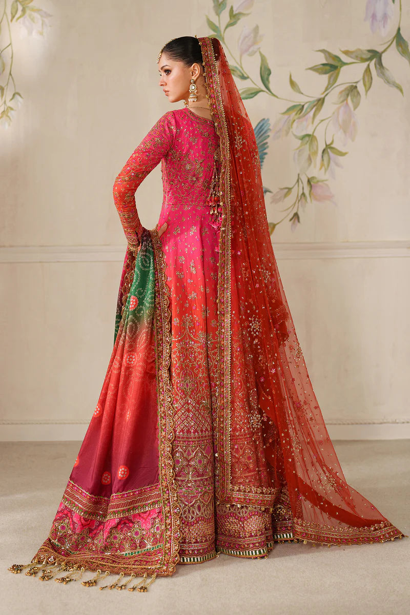 Baroque CH14-03 Orange Pink Silk Lehenga Choli with embroidered dupattas and handwork detailing | Pakistanimoda