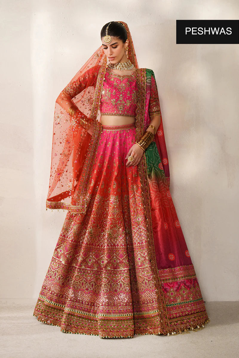 Baroque CH14-03 Orange Pink Silk Lehenga Choli with embroidered dupattas and handwork detailing | Pakistanimoda