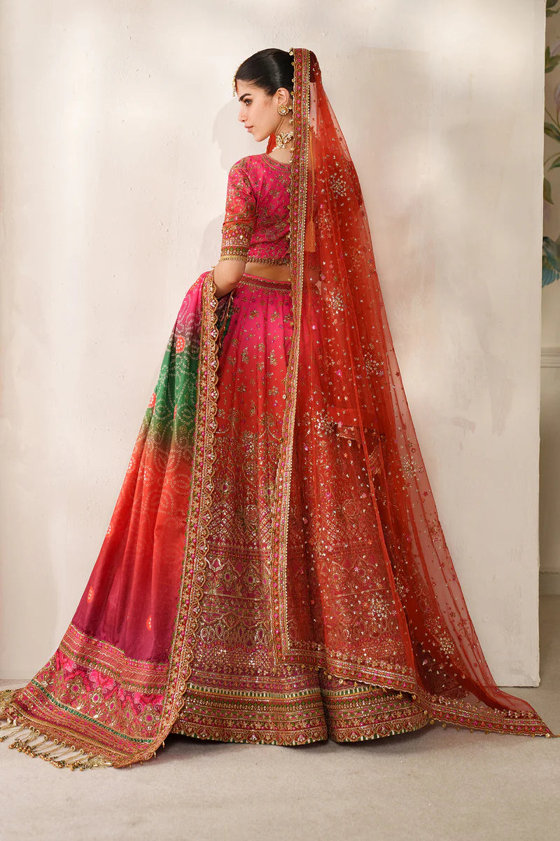 Baroque CH14-03 Orange Pink Silk Lehenga Choli with embroidered dupattas and handwork detailing | Pakistanimoda