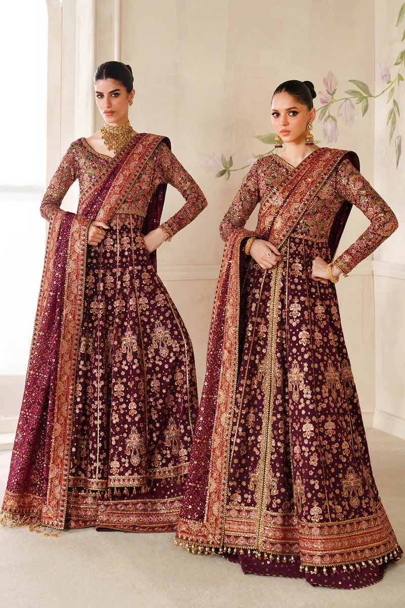 Baroque CH14-05 Burgundy chiffon Kalidar dress with dupatta, styled with sharara or lehenga | Pakistanimoda