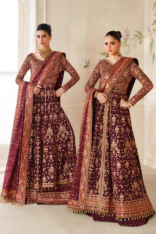 Baroque CH14-05 Burgundy chiffon Kalidar dress with dupatta, styled with sharara or lehenga | Pakistanimoda