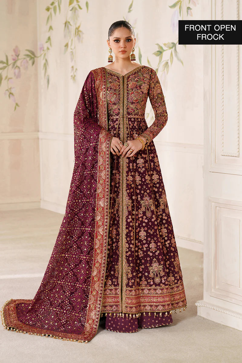 Baroque CH14-05 Burgundy chiffon Kalidar dress with dupatta, styled with sharara or lehenga | Pakistanimoda