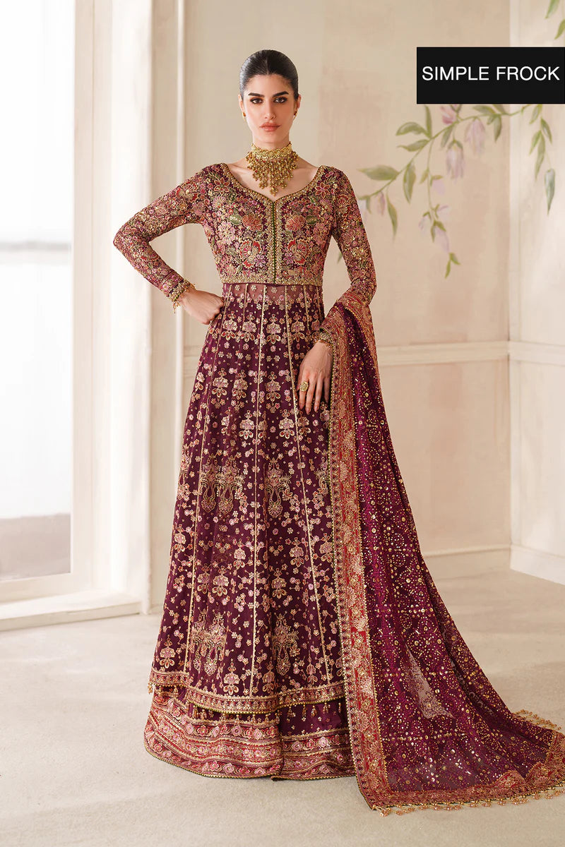 Baroque CH14-05 Burgundy chiffon Kalidar dress with dupatta, styled with sharara or lehenga | Pakistanimoda