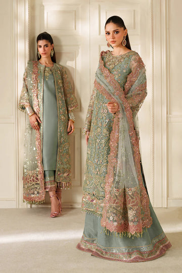 Baroque Chantelle CH14-06 pastel green net gown and sharara outfit with Swarovski & dabka embroidery | Pakistanimoda