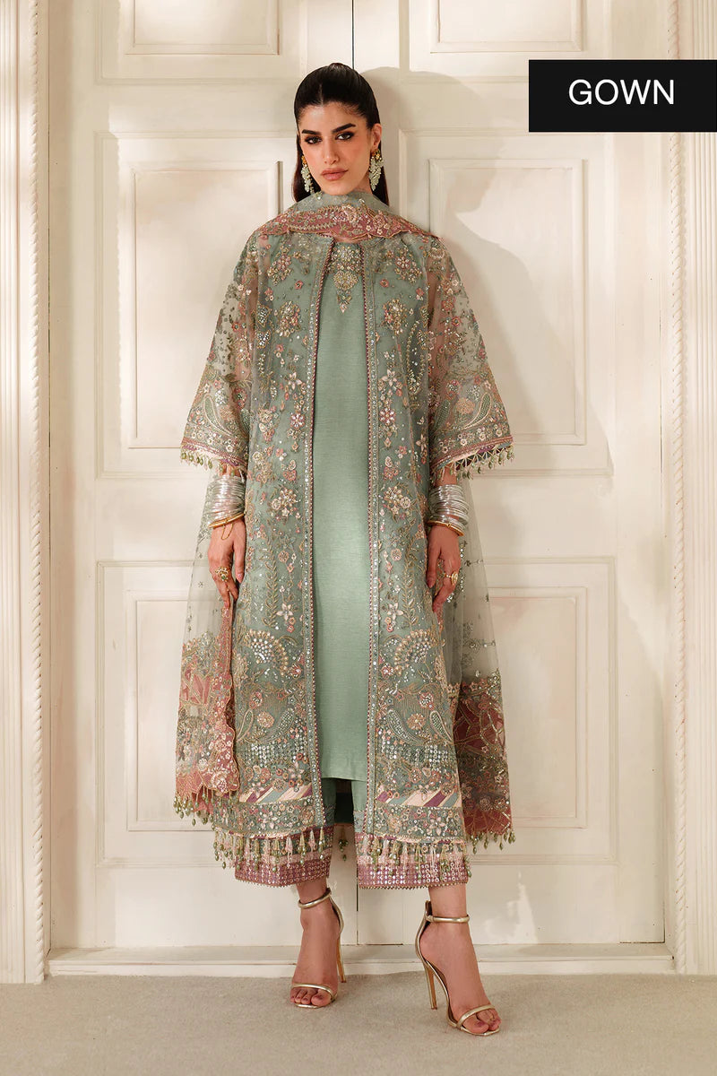 Baroque Chantelle CH14-06 pastel green net gown and sharara outfit with Swarovski & dabka embroidery | Pakistanimoda