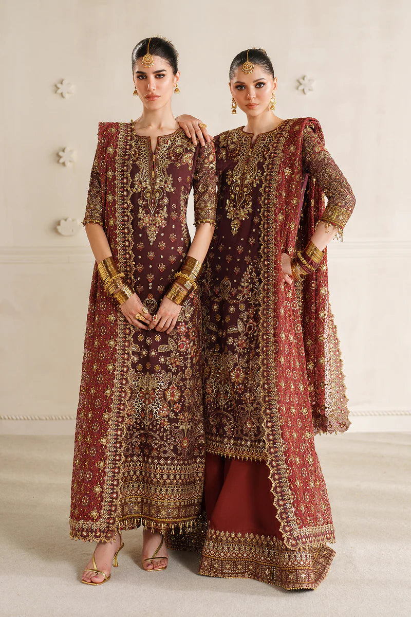 Baroque Chantelle CH14-07 rust chiffon long shirt with culottes, hand-embellished with gota, dabka & sequins | Pakistanimoda
