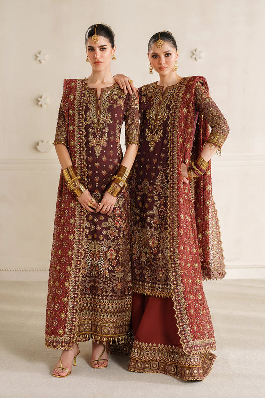 Baroque Chantelle CH14-07 rust chiffon long shirt with culottes, hand-embellished with gota, dabka & sequins | Pakistanimoda