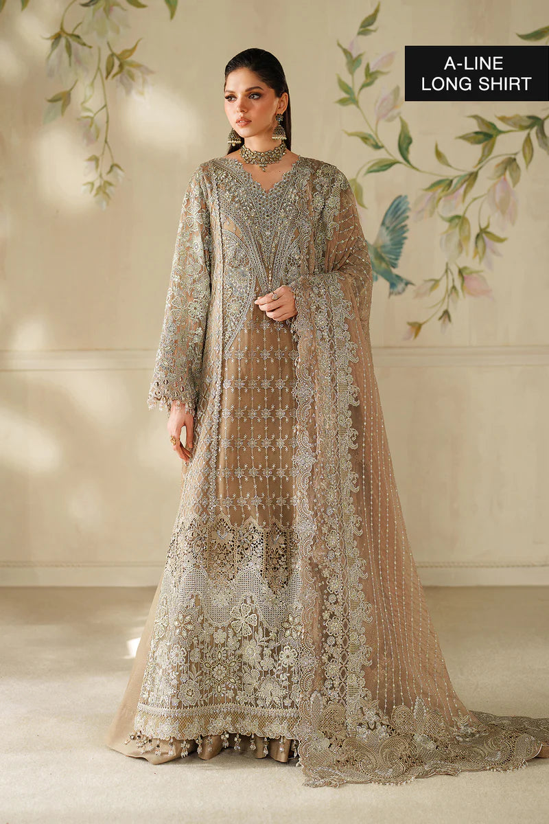 CH14-08 Baroque Beige Chantelle A-Line Chiffon Embroidered Suit with Sharara – Festive Party Outfit Online at Pakistanimoda