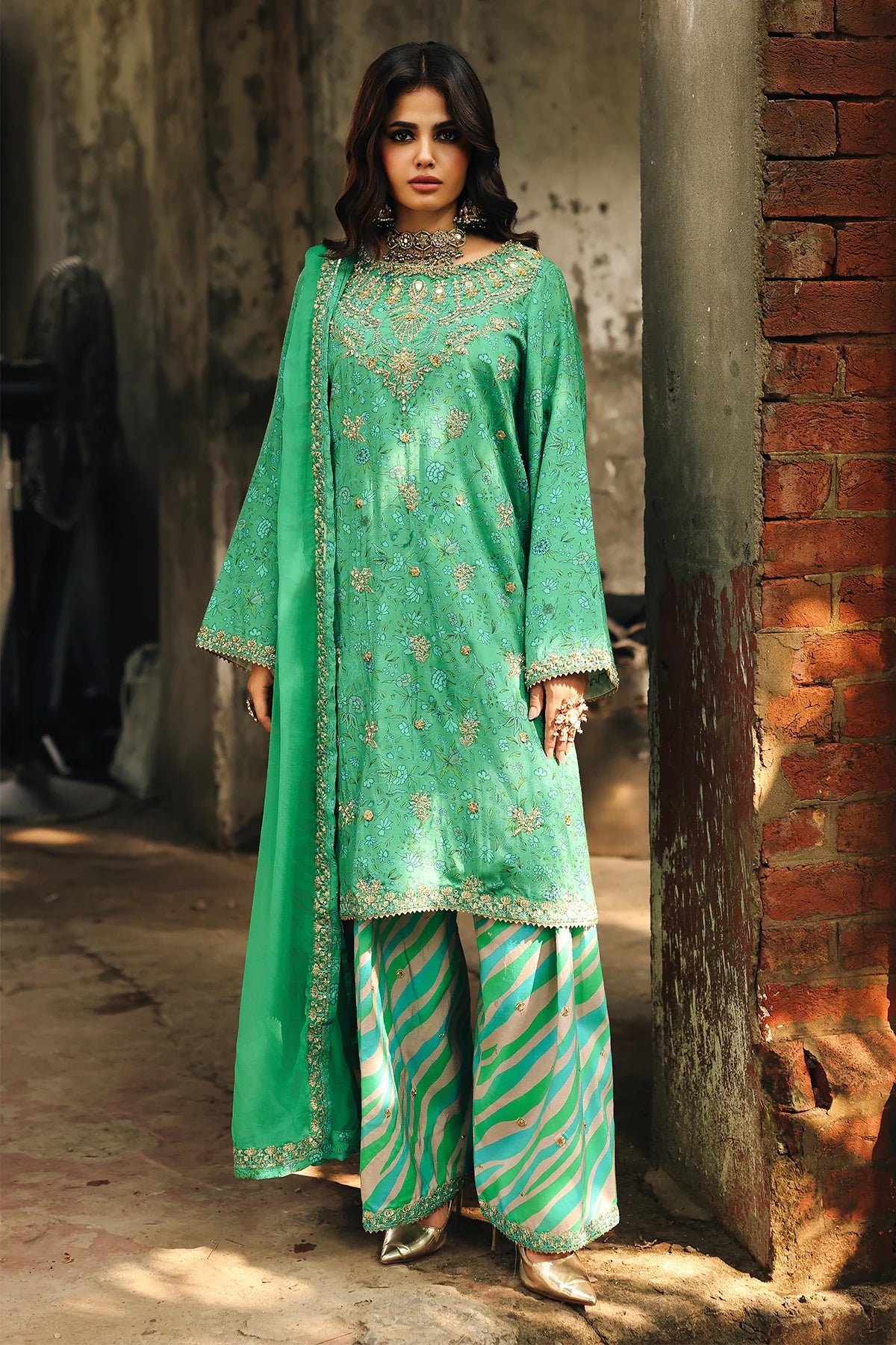 CMA-5-010 Emerald Green Charizma Eid Festive Raw Silk 3PC Embroidered Outfit with Organza Dupatta – Pakistanimoda