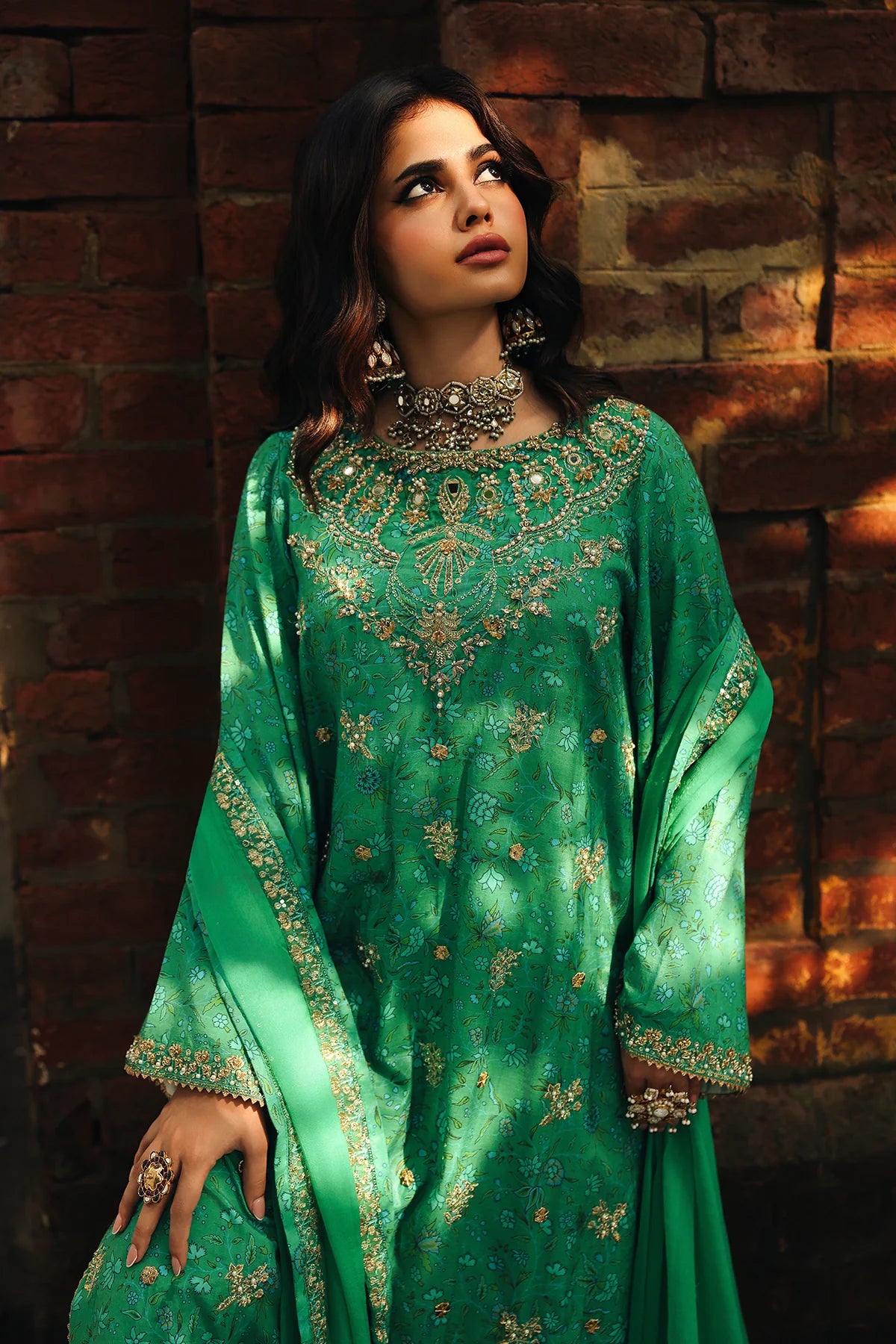 CMA-5-010 Emerald Green Charizma Eid Festive Raw Silk 3PC Embroidered Outfit with Organza Dupatta – Pakistanimoda