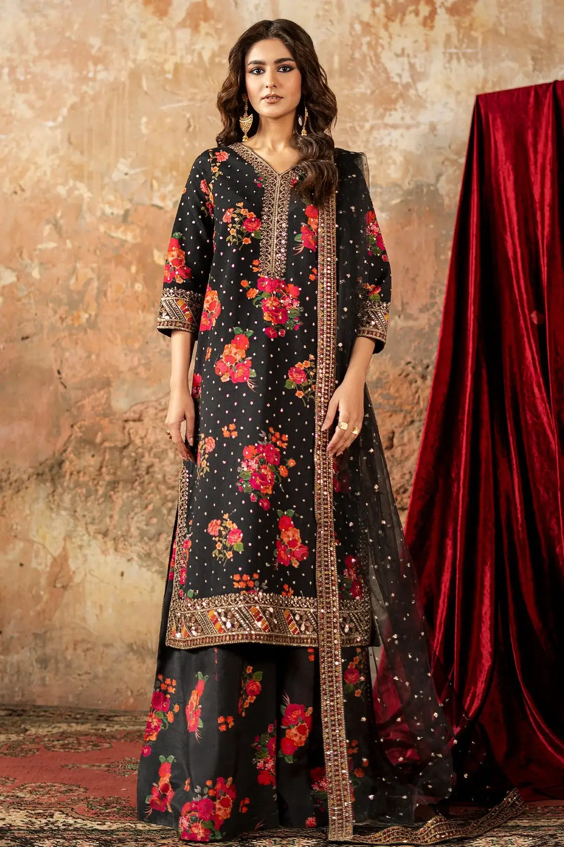 Charizma CMA-5-030 black raw silk embroidered Eid wear outfit with net dupatta
