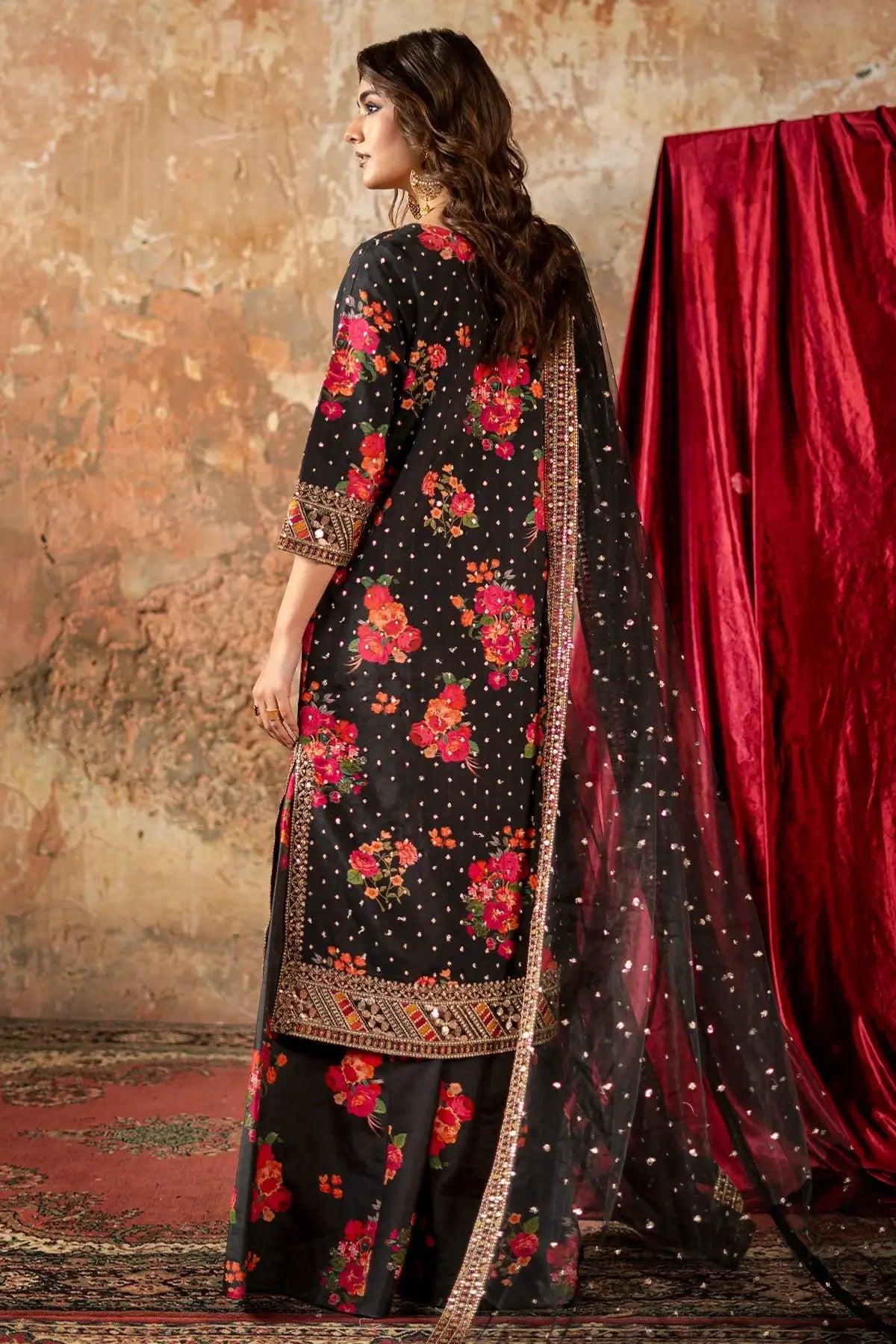 Charizma CMA-5-030 black raw silk embroidered Eid wear outfit with net dupatta