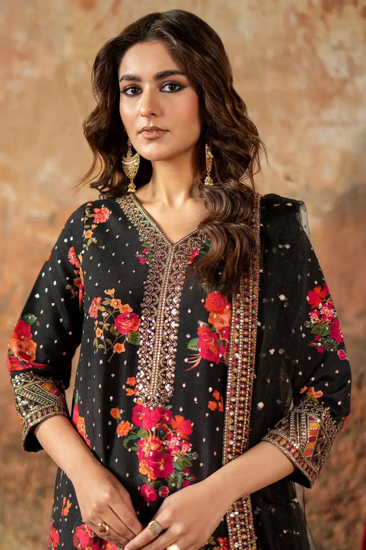 Charizma CMA-5-030 black raw silk embroidered Eid wear outfit with net dupatta