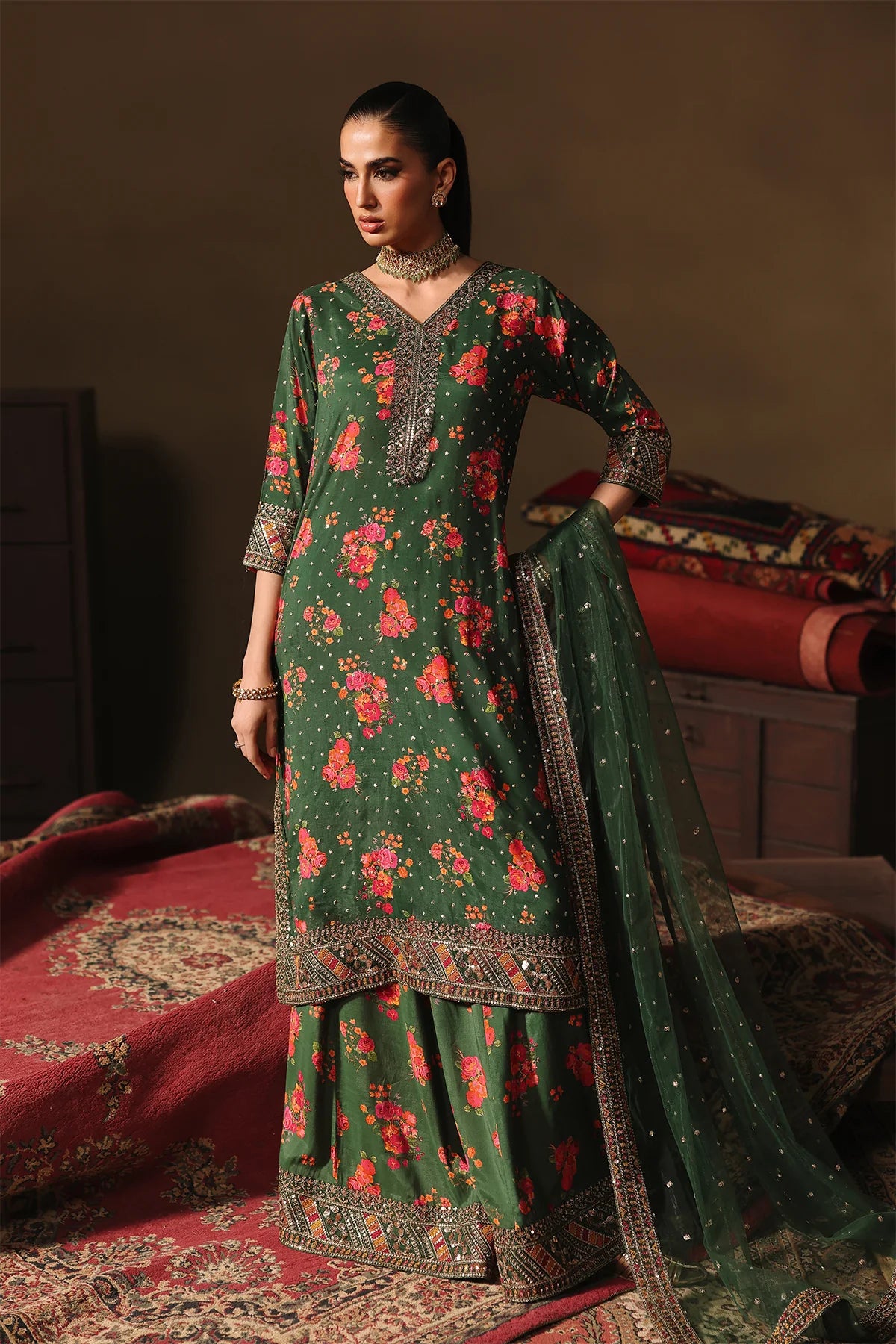 Charizma Mi-Amor CMA-5-030 green floral raw silk sharara suit with net dupatta, available at Pakistanimoda worldwide.