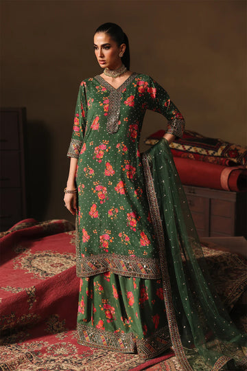 Charizma Mi-Amor CMA-5-030 green floral raw silk sharara suit with net dupatta, available at Pakistanimoda worldwide.