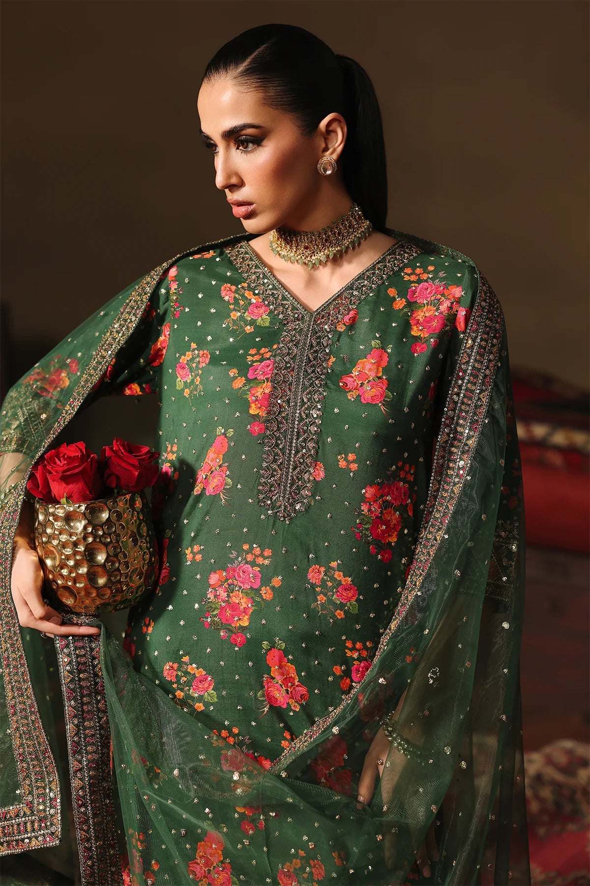 Charizma Mi-Amor CMA-5-030 green floral raw silk sharara suit with net dupatta, available at Pakistanimoda worldwide.