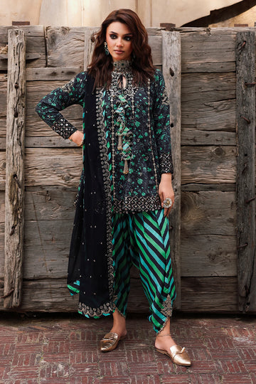 CMA-5-032 Pakistani green raw silk short shirt with tulip pants and chiffon embroidered dupatta – festive 3-piece outfit at Pakistanimoda.com.