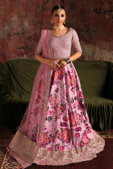 CMA-5-03 pink raw silk embroidered lehenga choli with floral printed lehenga and sequin net dupatta – Pakistani designer outfit for weddings and parties.