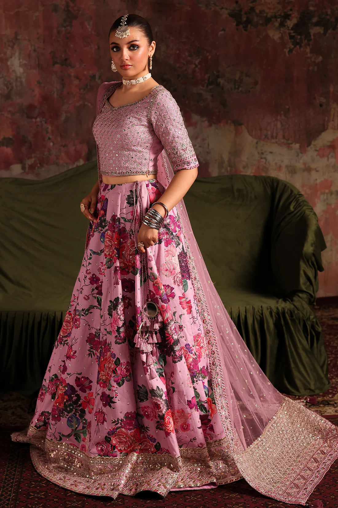 CMA-5-03 pink raw silk embroidered lehenga choli with floral printed lehenga and sequin net dupatta – Pakistani designer outfit for weddings and parties.