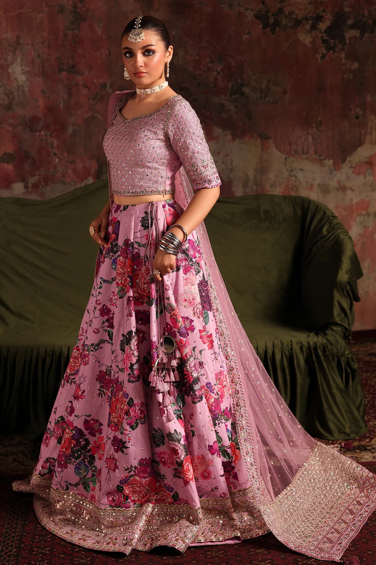 CMA-5-03 pink raw silk embroidered lehenga choli with floral printed lehenga and sequin net dupatta – Pakistani designer outfit for weddings and parties.