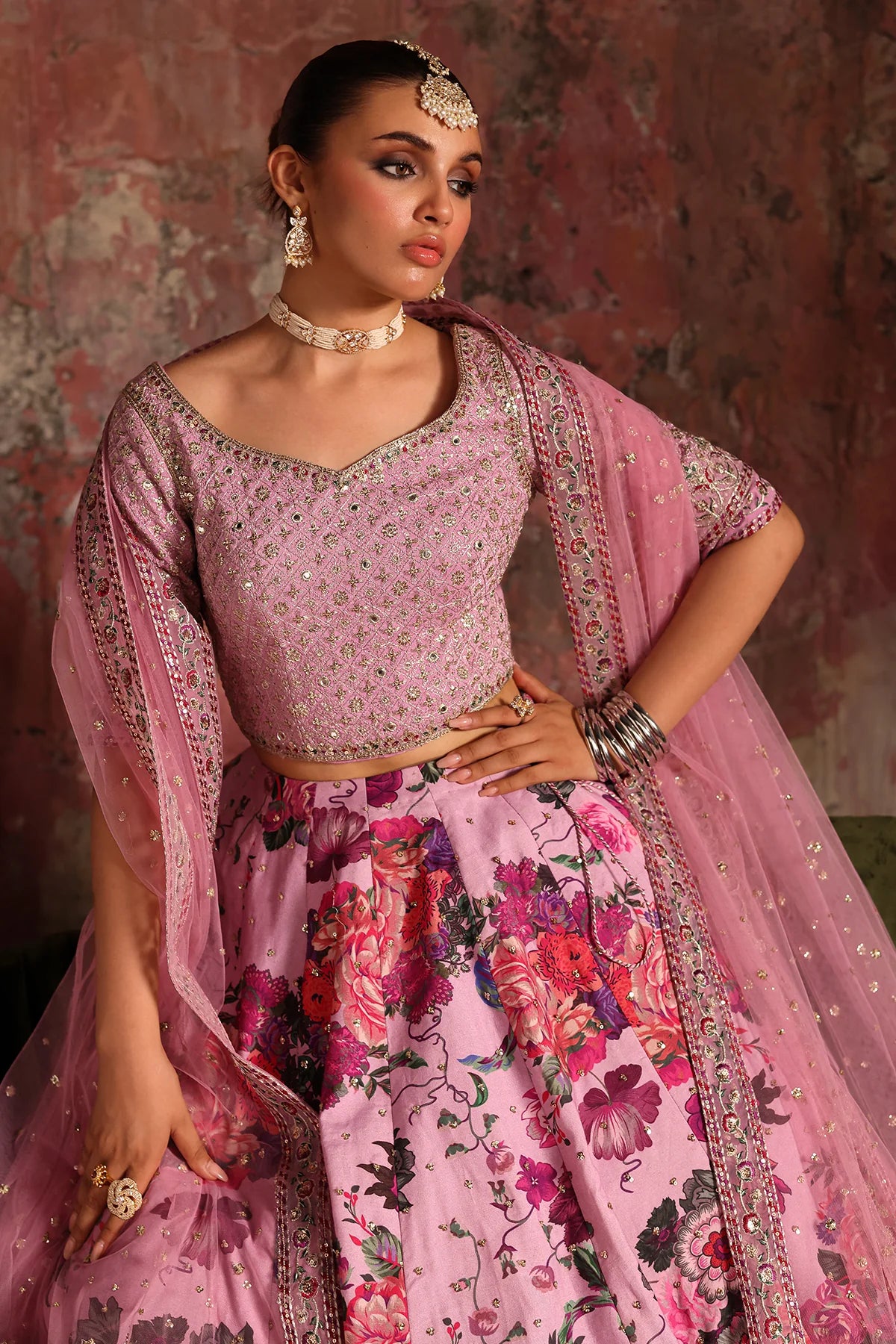 CMA-5-03 pink raw silk embroidered lehenga choli with floral printed lehenga and sequin net dupatta – Pakistani designer outfit for weddings and parties.