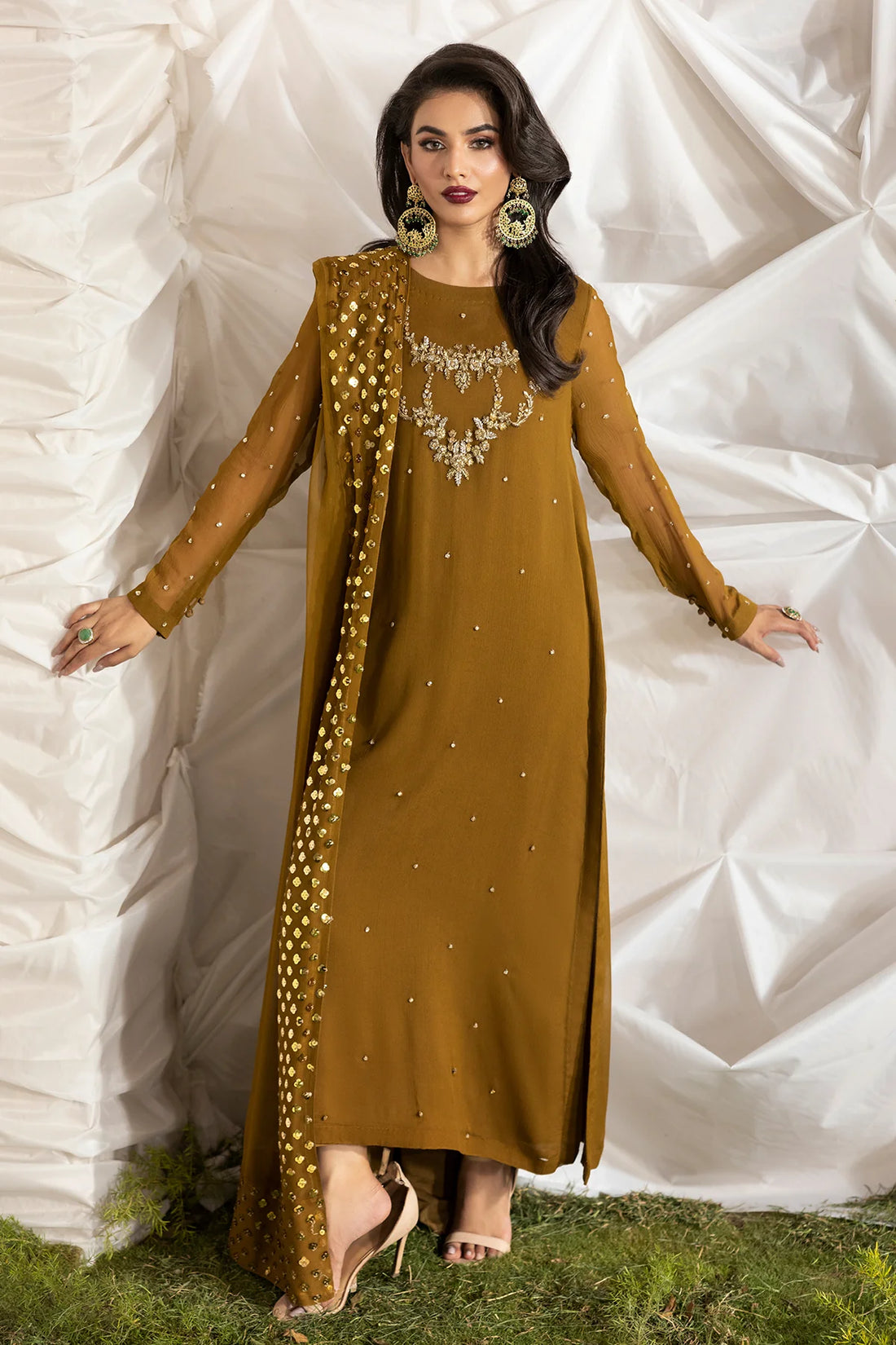 CMA-5-046A Charizma Mustard Luxury Chiffon 3PC Embroidered Suit – designer outfit with adda work shirt, raw silk trouser & chiffon dupatta. Shop at Pakistanimoda.com.