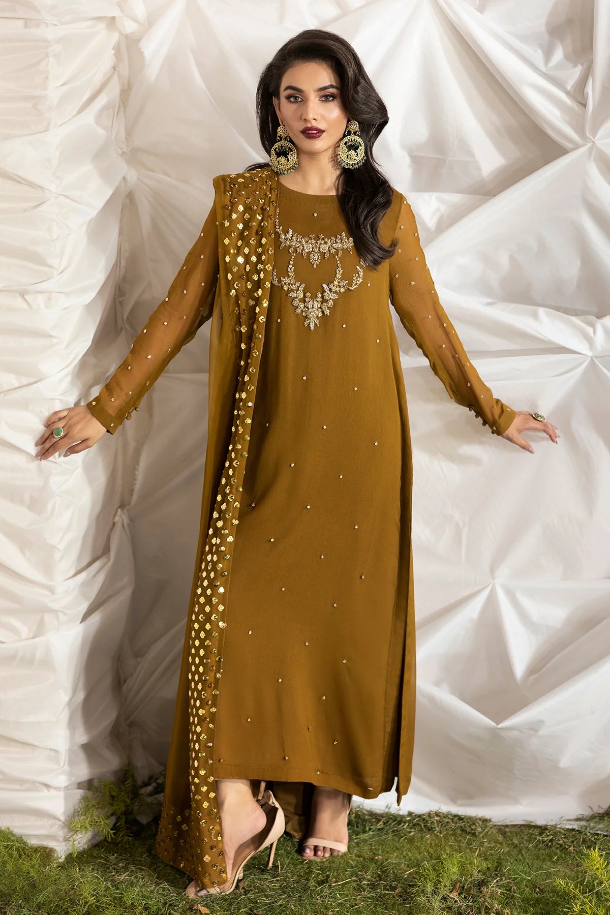 CMA-5-046A Charizma Mustard Luxury Chiffon 3PC Embroidered Suit – designer outfit with adda work shirt, raw silk trouser & chiffon dupatta. Shop at Pakistanimoda.com.