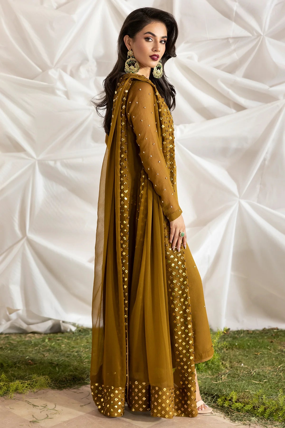 CMA-5-046A Charizma Mustard Luxury Chiffon 3PC Embroidered Suit – designer outfit with adda work shirt, raw silk trouser & chiffon dupatta. Shop at Pakistanimoda.com.