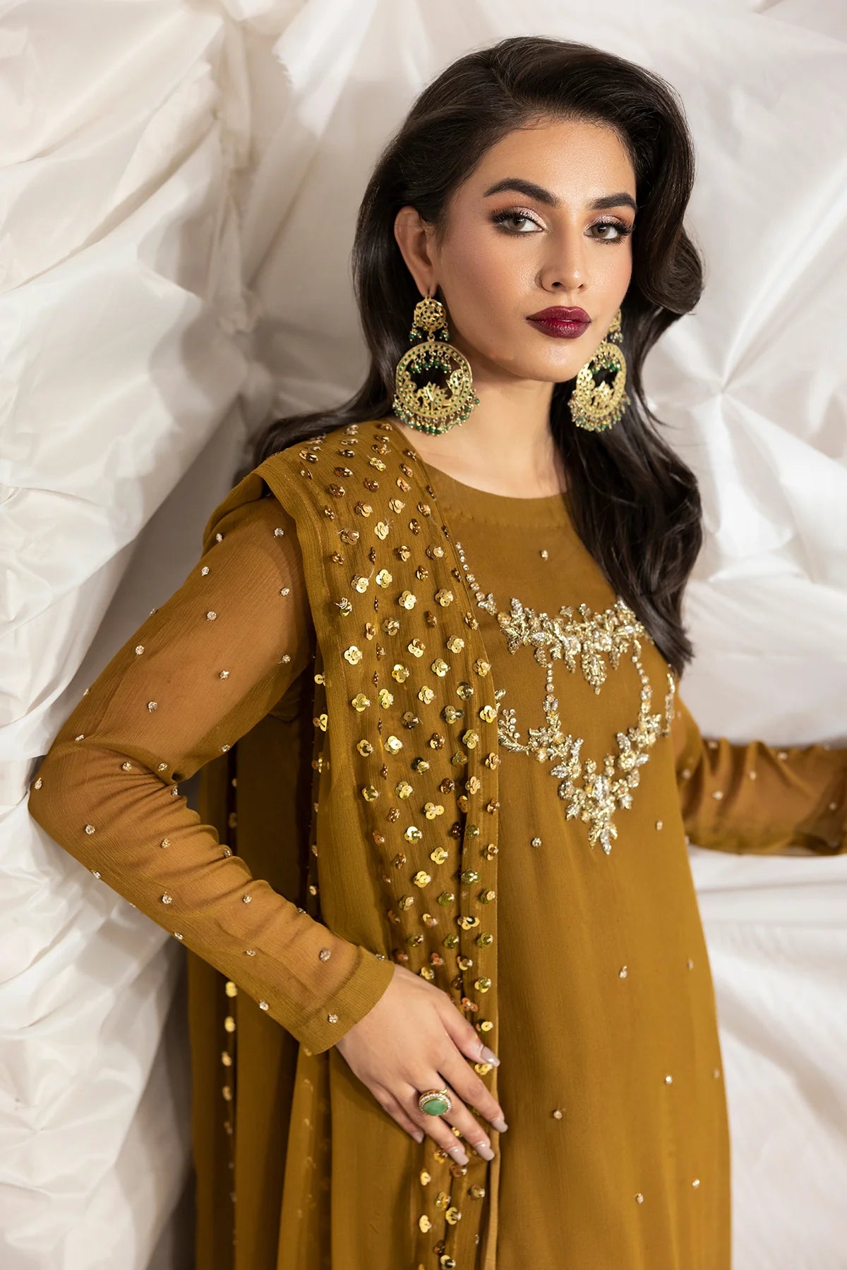 CMA-5-046A Charizma Mustard Luxury Chiffon 3PC Embroidered Suit – designer outfit with adda work shirt, raw silk trouser & chiffon dupatta. Shop at Pakistanimoda.com.