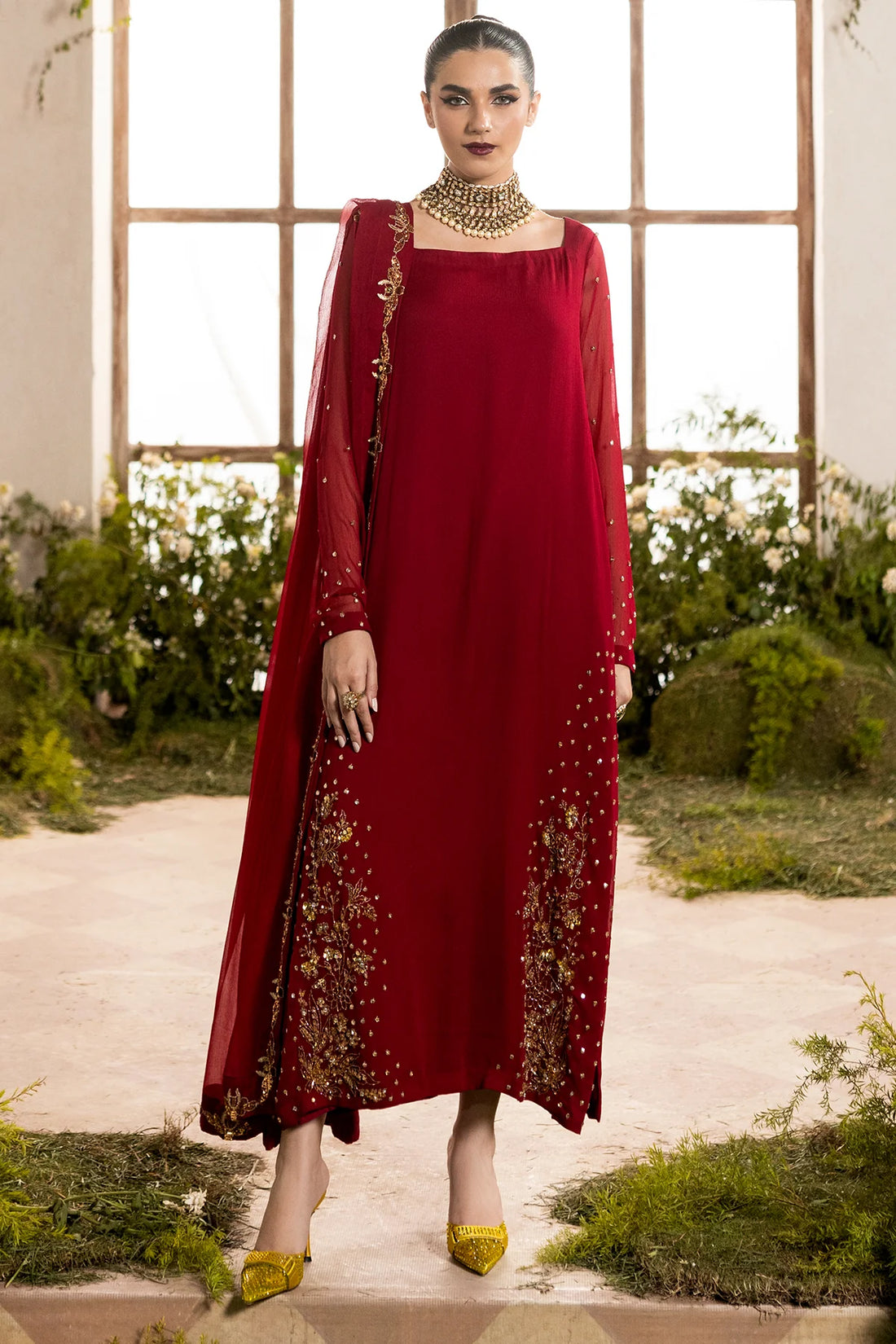 Buy CMA-5-047A Charizma Red Chiffon 3PC Embroidered Suit with patch work and adda detailing. Perfect Pakistani festive outfit at Pakistanimoda.com.