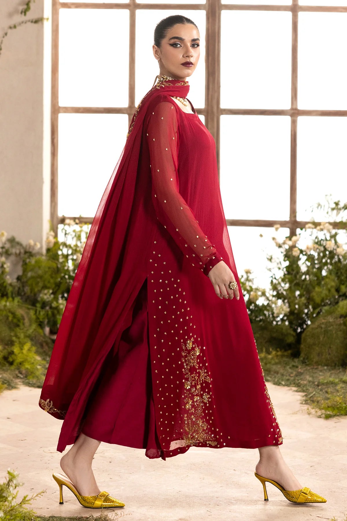 Buy CMA-5-047A Charizma Red Chiffon 3PC Embroidered Suit with patch work and adda detailing. Perfect Pakistani festive outfit at Pakistanimoda.com.