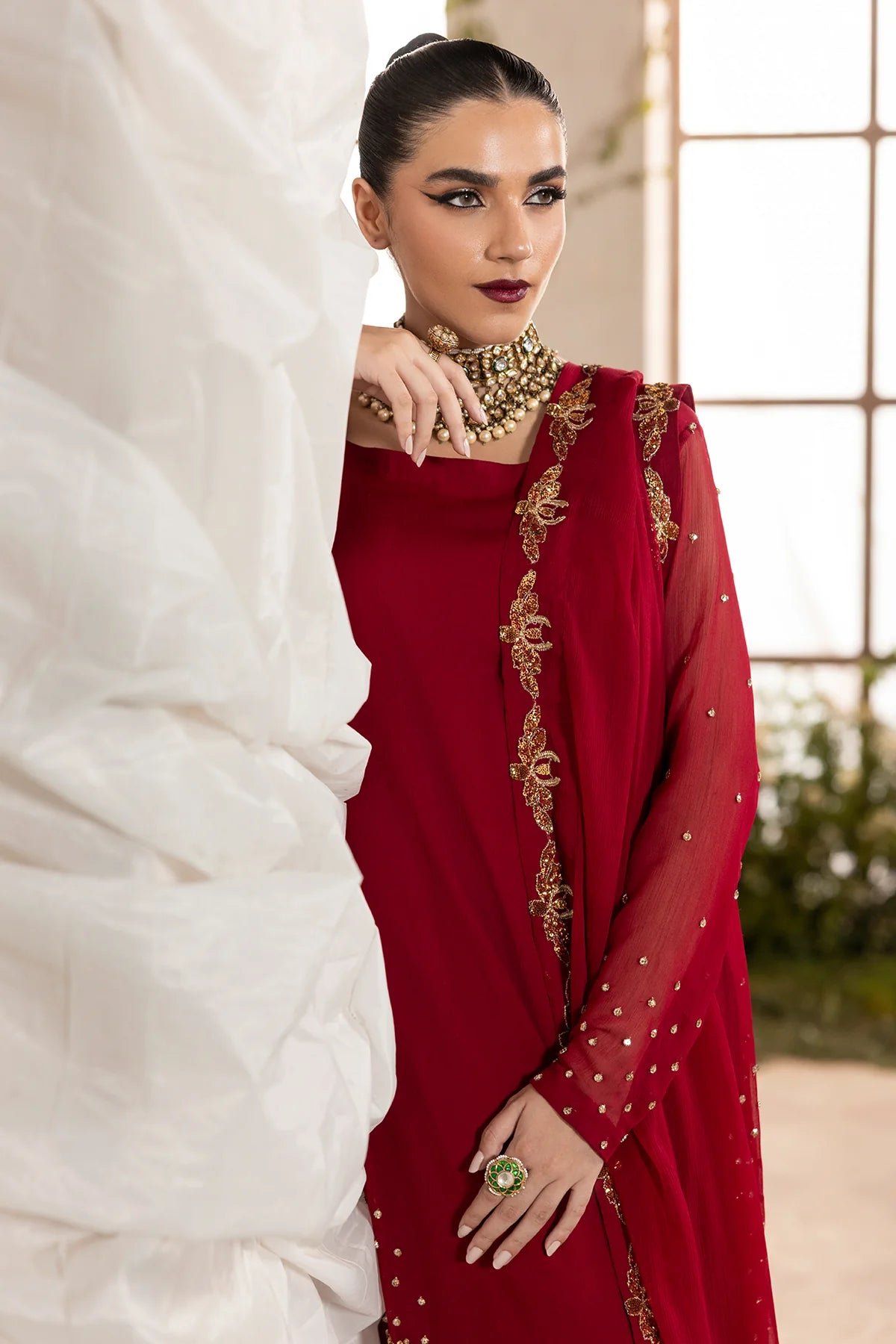 Buy CMA-5-047A Charizma Red Chiffon 3PC Embroidered Suit with patch work and adda detailing. Perfect Pakistani festive outfit at Pakistanimoda.com.