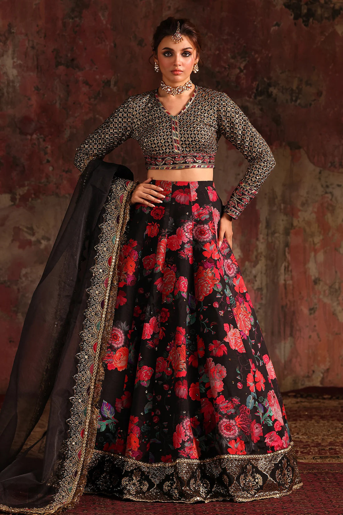 CMA-5-05 Charizma traditional floral raw silk lehenga choli with embroidered blouse, sequins border lehenga & poly net dupatta – nikah & walima wear.