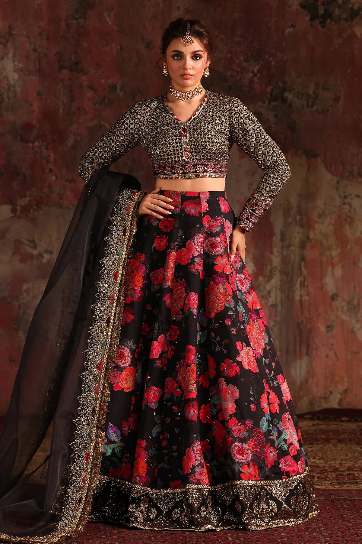 CMA-5-05 Charizma traditional floral raw silk lehenga choli with embroidered blouse, sequins border lehenga & poly net dupatta – nikah & walima wear.