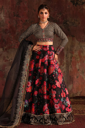 CMA-5-05 Charizma traditional floral raw silk lehenga choli with embroidered blouse, sequins border lehenga & poly net dupatta – nikah & walima wear.