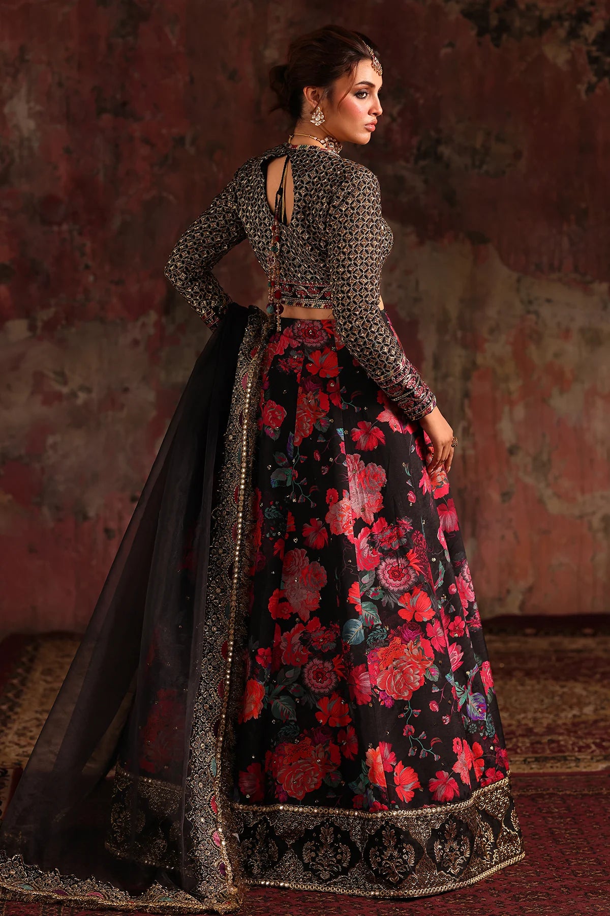 CMA-5-05 Charizma traditional floral raw silk lehenga choli with embroidered blouse, sequins border lehenga & poly net dupatta – nikah & walima wear.