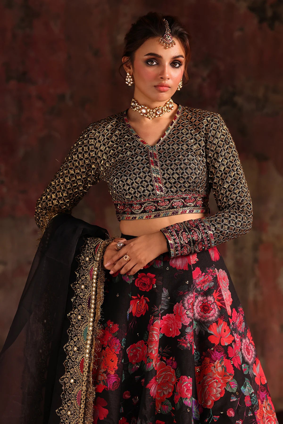 CMA-5-05 Charizma traditional floral raw silk lehenga choli with embroidered blouse, sequins border lehenga & poly net dupatta – nikah & walima wear.