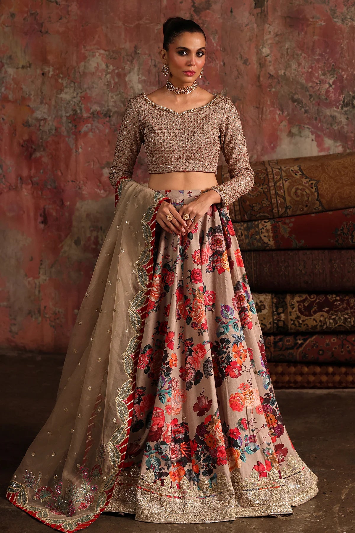 CMA-5-06 luxury beige silk lehenga set with embroidered blouse, floral printed raw silk skirt, tassel border & sequin dupatta – Pakistani wedding wear.