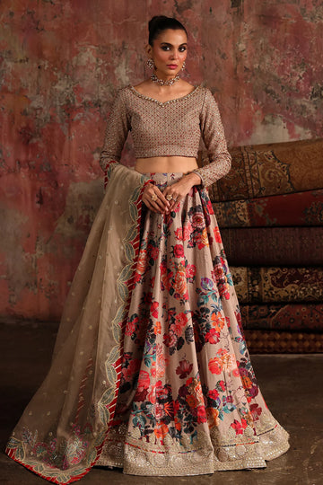 CMA-5-06 luxury beige silk lehenga set with embroidered blouse, floral printed raw silk skirt, tassel border & sequin dupatta – Pakistani wedding wear.