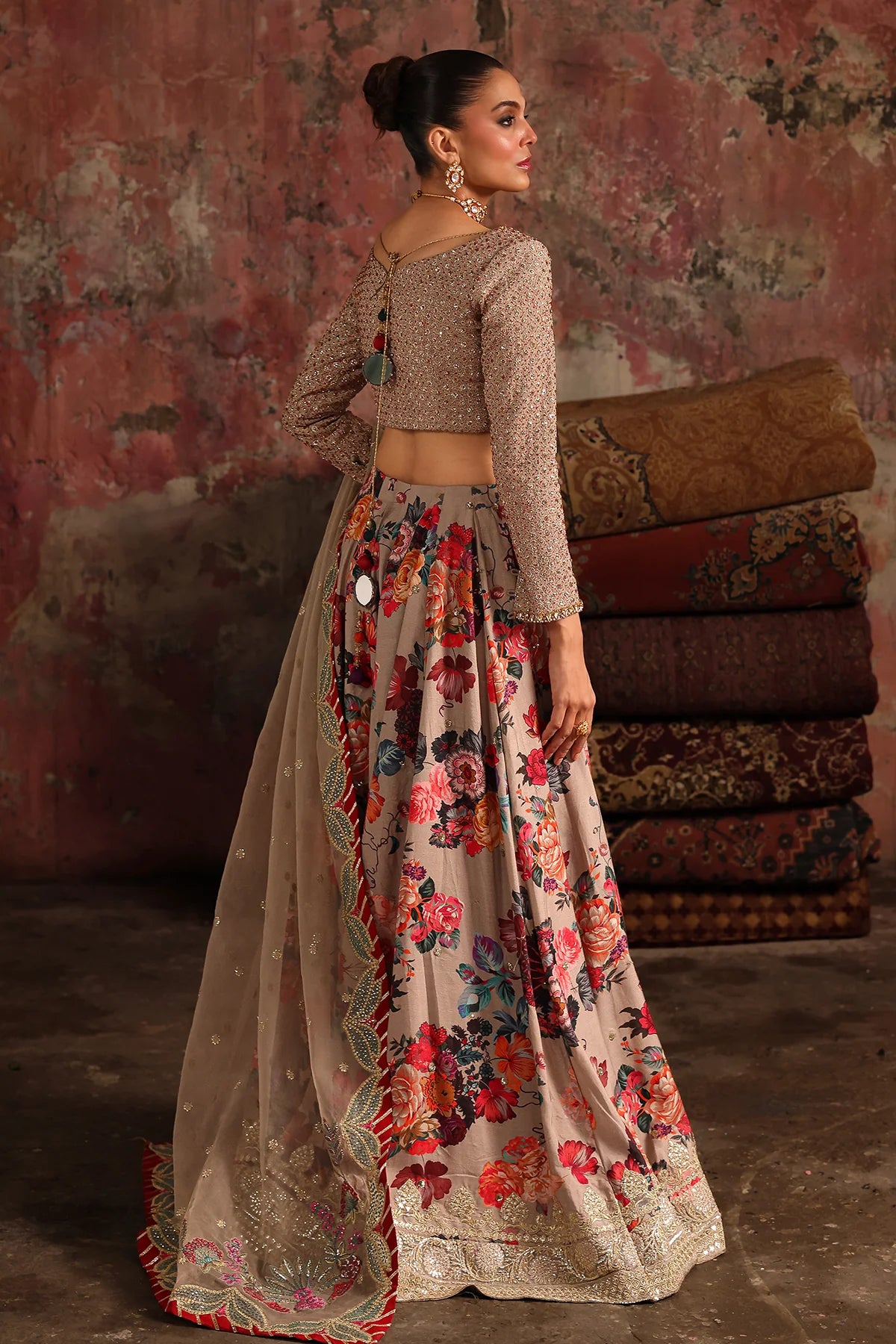 CMA-5-06 luxury beige silk lehenga set with embroidered blouse, floral printed raw silk skirt, tassel border & sequin dupatta – Pakistani wedding wear.