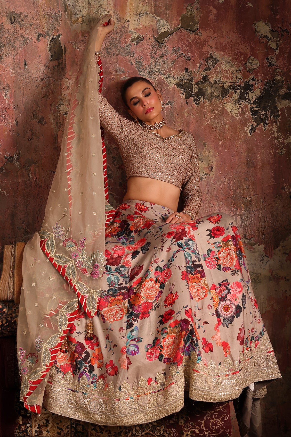 CMA-5-06 luxury beige silk lehenga set with embroidered blouse, floral printed raw silk skirt, tassel border & sequin dupatta – Pakistani wedding wear.