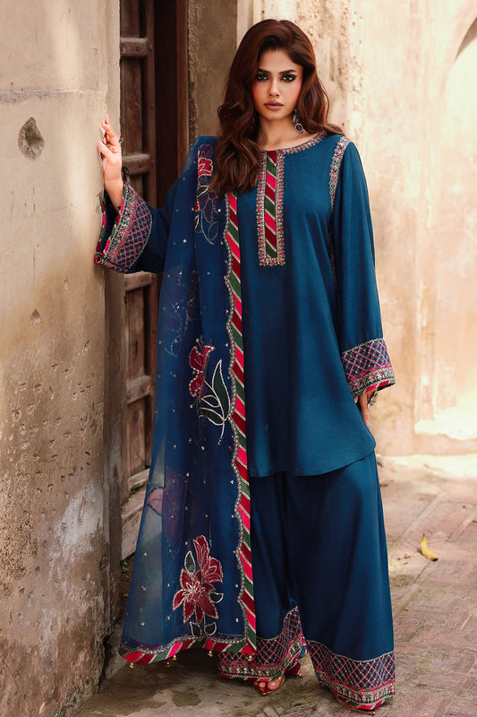 CMA-5-076H Charizma blue raw silk embroidered 3-piece suit with organza dupatta – Pakistanimoda Pret ’25.
