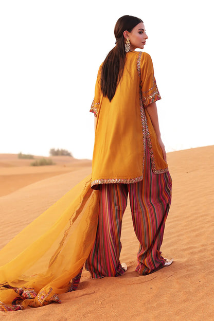 CMA-5-081 – Charizma Mi-Amor Mustard Raw Silk Embroidered 3PC Suit with dupatta and trouser, luxury festive wear at Pakistanimoda online.