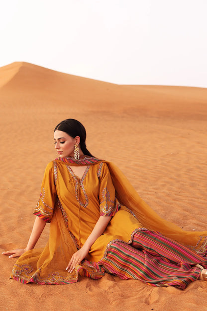 CMA-5-081 – Charizma Mi-Amor Mustard Raw Silk Embroidered 3PC Suit with dupatta and trouser, luxury festive wear at Pakistanimoda online.