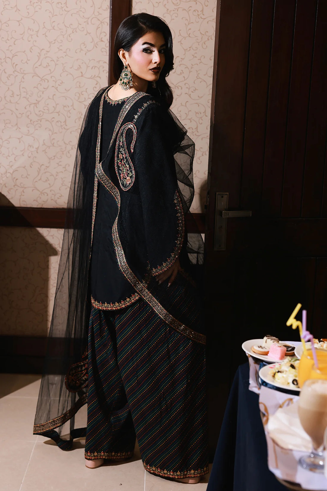 CMA-5-084 Buy Charizma black raw silk embroidered outfit new arrival