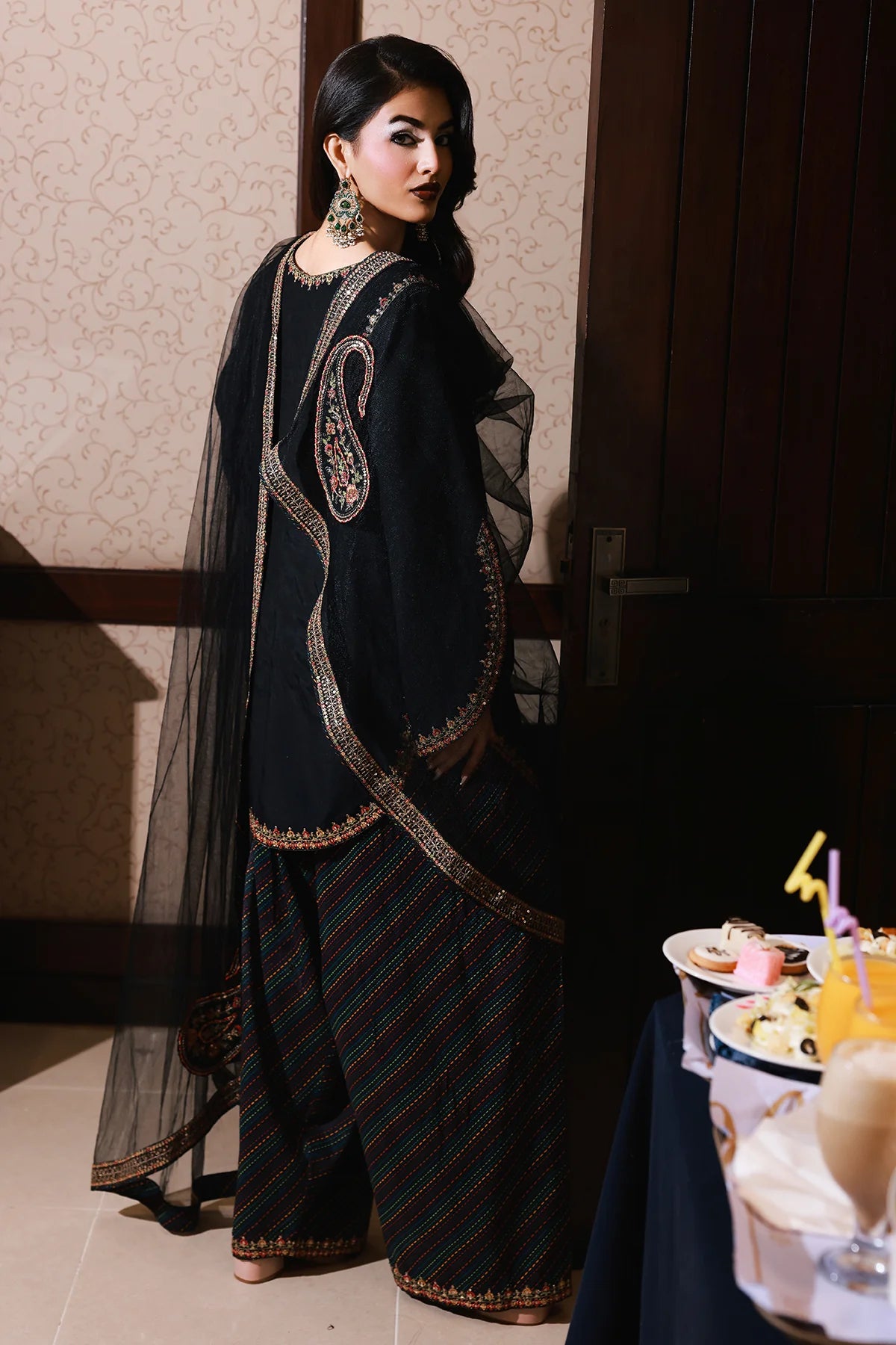 CMA-5-084 Buy Charizma black raw silk embroidered outfit new arrival