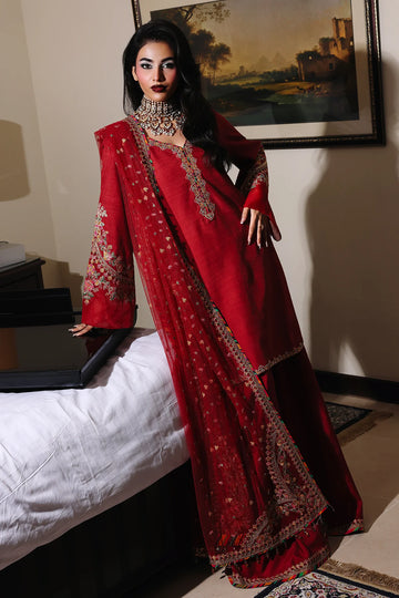 CMA-5-085 – Charizma Mi-Amor Red Raw Silk Sharara Suit with embroidered shirt, sharara lace, and net dupatta from Pakistanimoda.