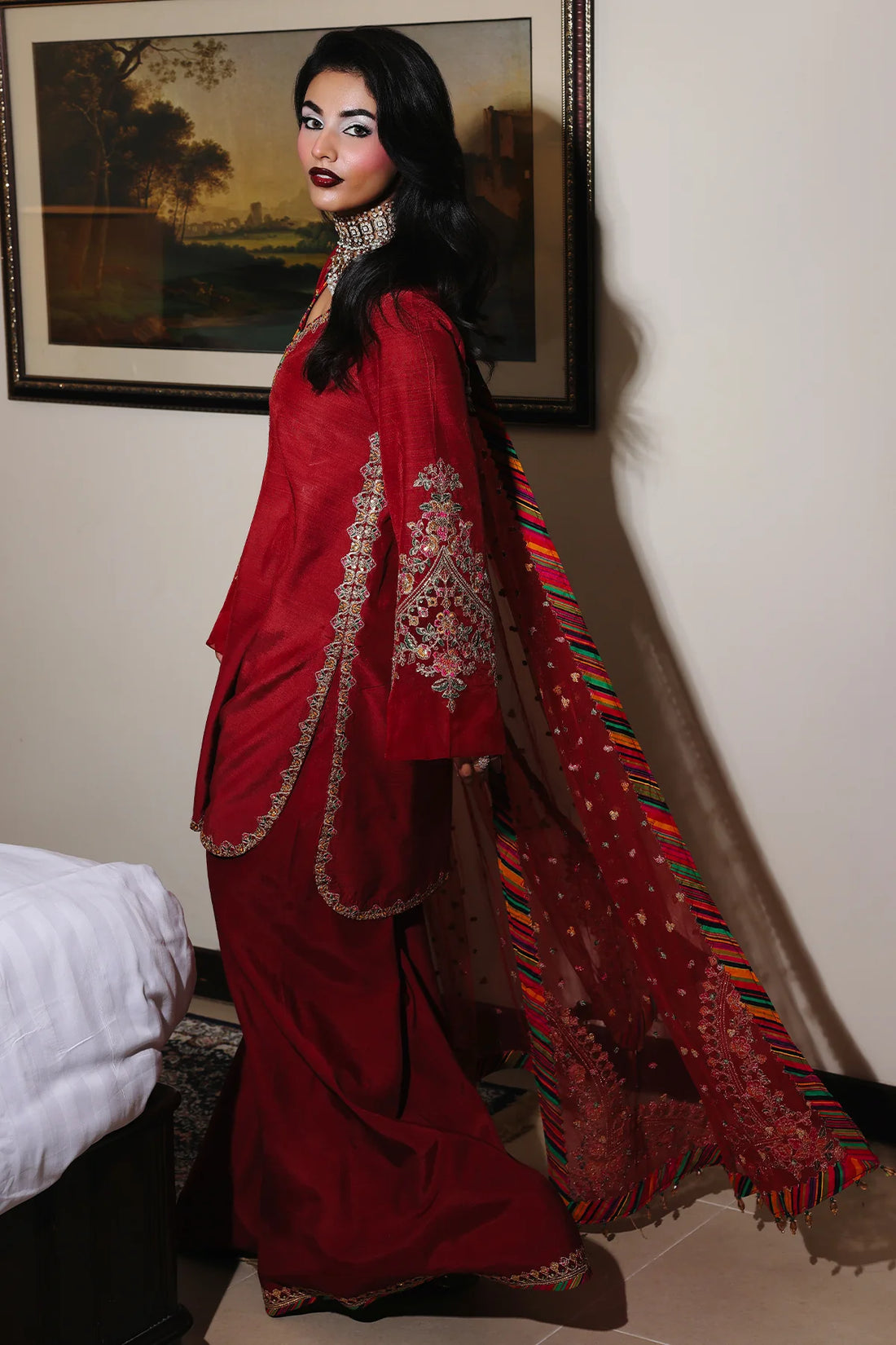 CMA-5-085 – Charizma Mi-Amor Red Raw Silk Sharara Suit with embroidered shirt, sharara lace, and net dupatta from Pakistanimoda.